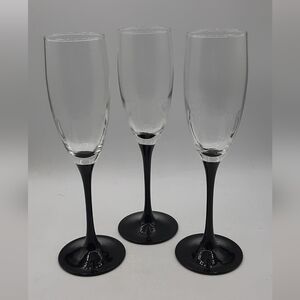 Vintage 1980s Domino Luminarc France Black Stemmed Flutes Glasses 8 1/2 in 3 in